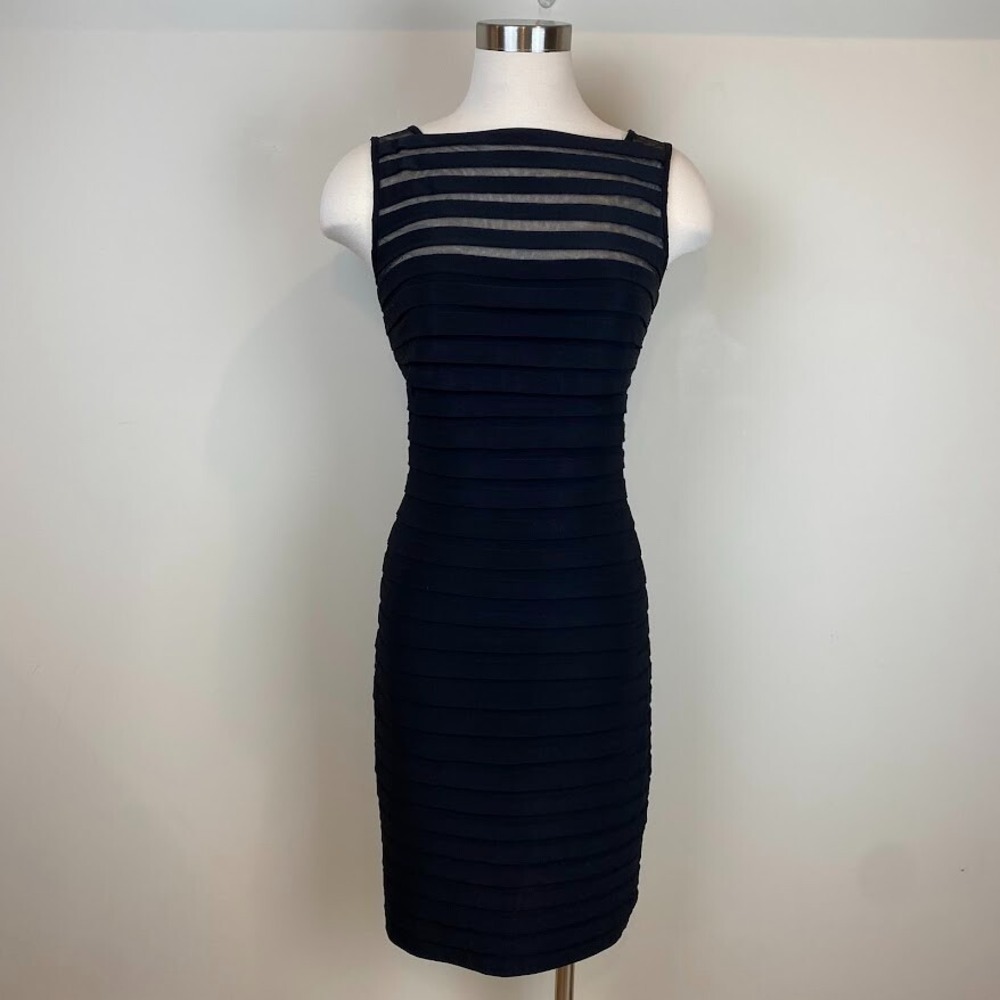 Adrianna Papell‎ Black Shutter Pleat Midi Dress Sleeveless Size 4 LBD Cocktail